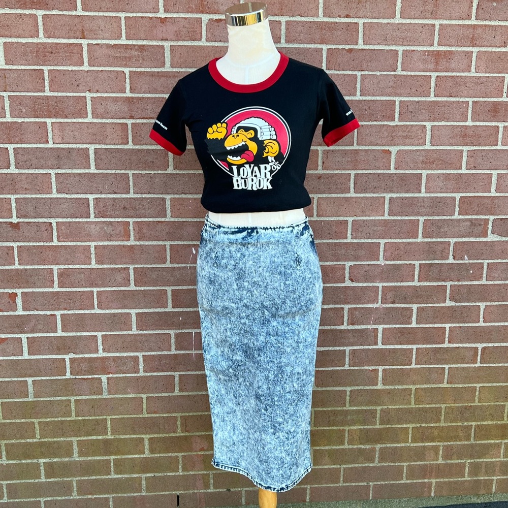 Women's Black Acid Wash Denim midi Skirt Size Small (4)